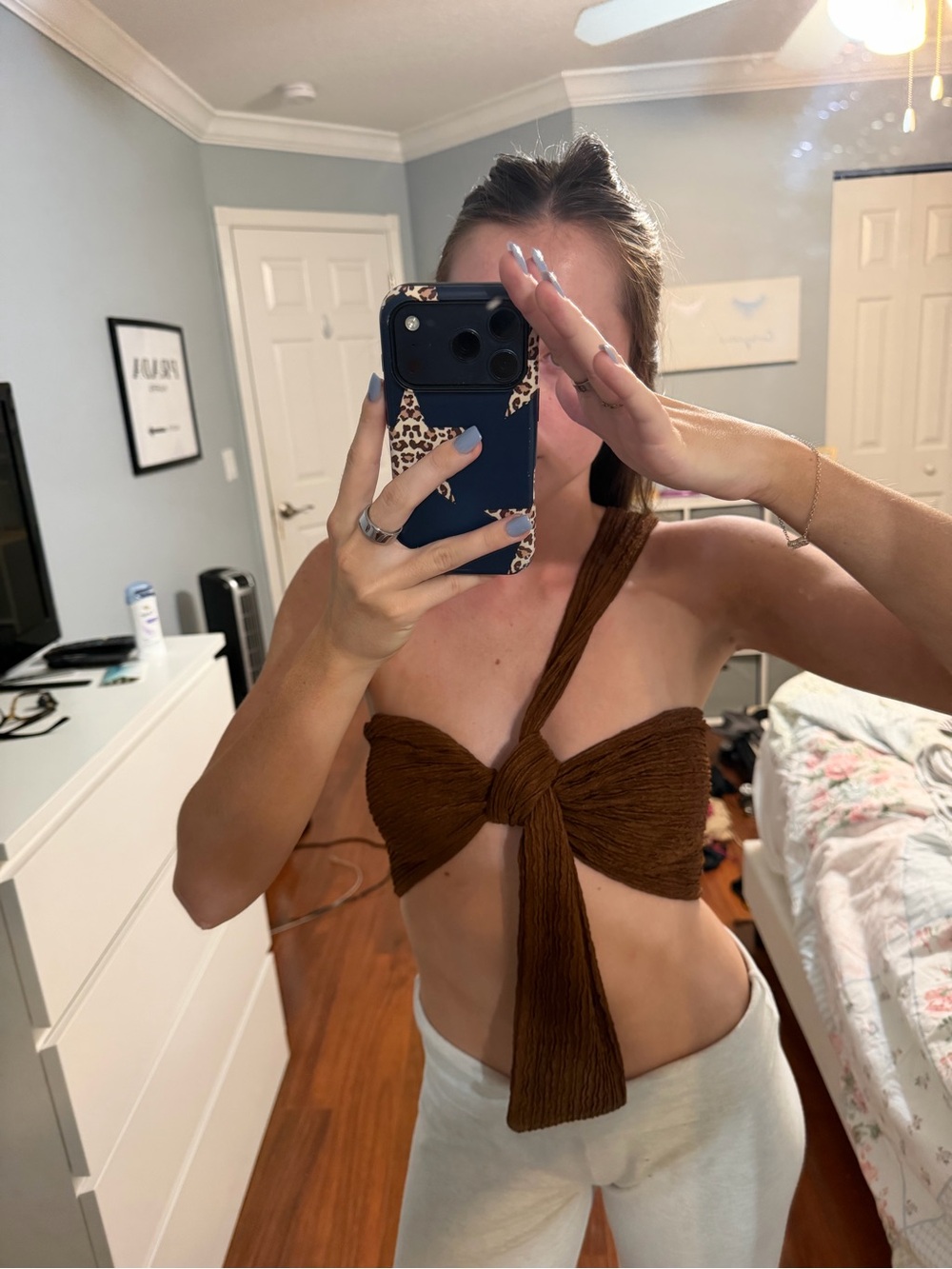 Brown One-Shoulder Knot Crop Top